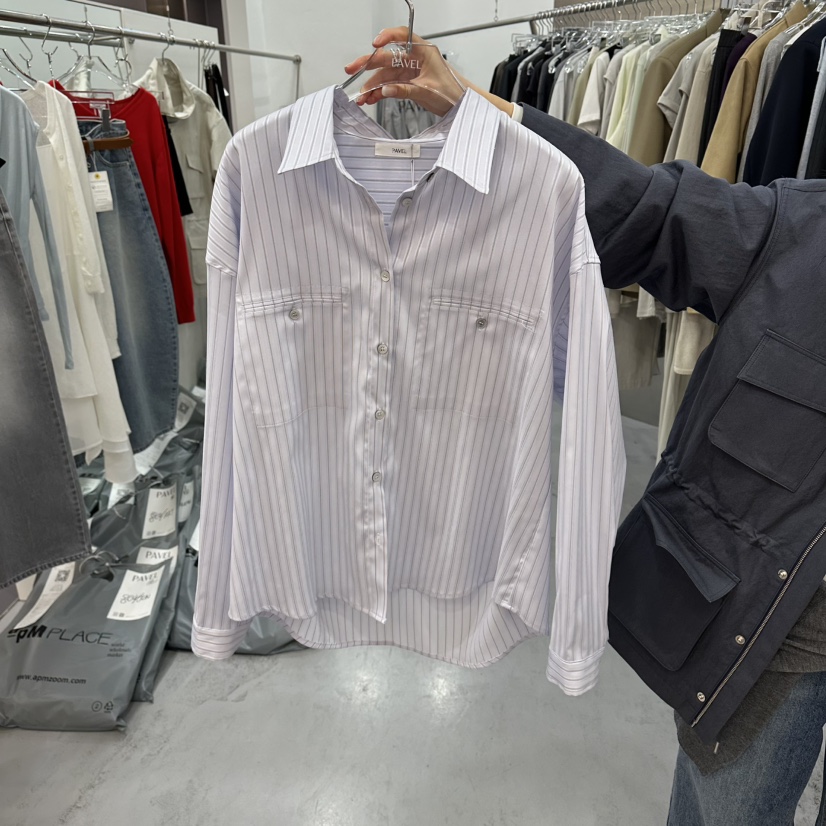 PAVEL東大門代購女裝新品時尚26春夏休閑熱賣襯衫蕾絲衫條紋PAVEL襯衫/蕾絲衫圖色1