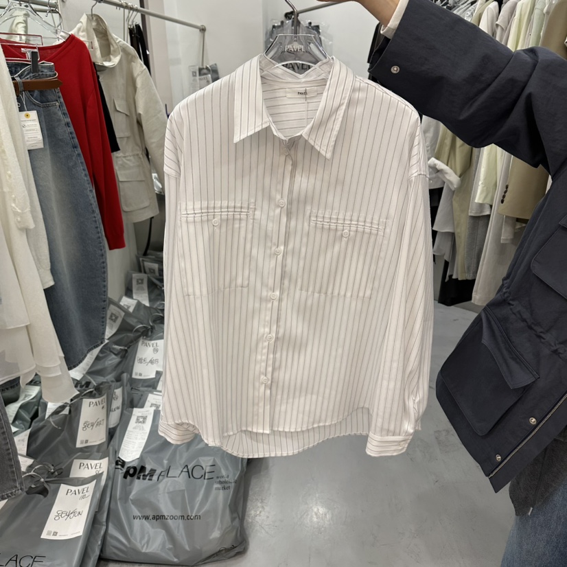PAVEL東大門代購女裝新品時尚26春夏休閑熱賣襯衫蕾絲衫條紋PAVEL襯衫/蕾絲衫圖色2