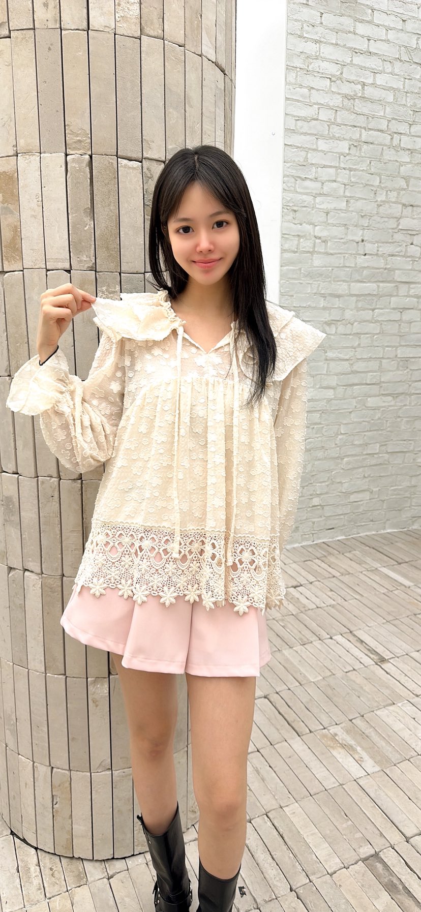 YARD東大門代購女士新品熱賣襯衫蕾絲衫不含項鏈荷葉邊雪紡雙層YARD襯衫/蕾絲衫