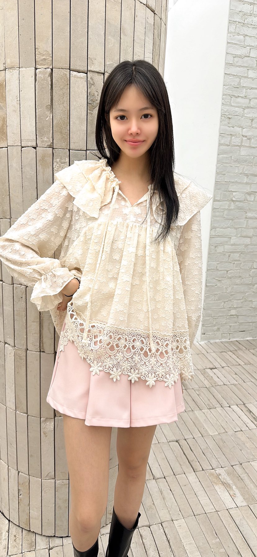 YARD東大門代購女士新品熱賣襯衫蕾絲衫不含項鏈荷葉邊雪紡雙層YARD襯衫/蕾絲衫