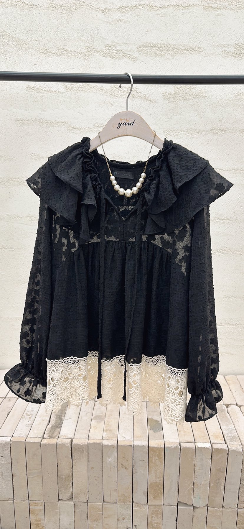 YARD東大門代購女士新品熱賣襯衫蕾絲衫不含項鏈荷葉邊雪紡雙層YARD襯衫/蕾絲衫圖色2