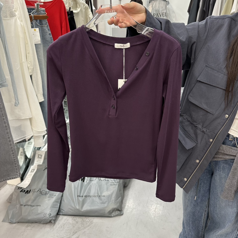PAVEL韓國代購女士新款26春夏休閑人氣職業時尚長袖T恤V領PAVEL長袖T恤圖色5