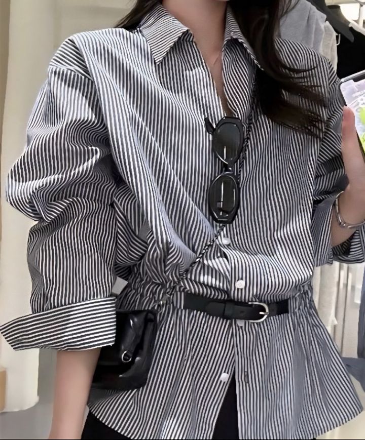 FEMME韓國直郵女裝新品26春夏襯衫蕾絲衫不含配飾腰帶條紋FEMME襯衫/蕾絲衫