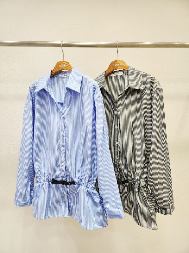 FEMME韓國直郵女裝新品26春夏襯衫蕾絲衫不含配飾腰帶條紋FEMME襯衫/蕾絲衫