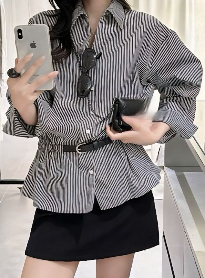 FEMME韓國直郵女裝新品26春夏襯衫蕾絲衫不含配飾腰帶條紋FEMME襯衫/蕾絲衫圖色1