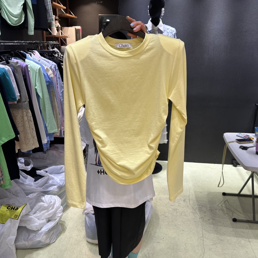CHAVI韓國直郵女裝新品休閑26春夏人氣推薦熱賣長袖T恤褶皺CHAVI長袖T恤圖色1