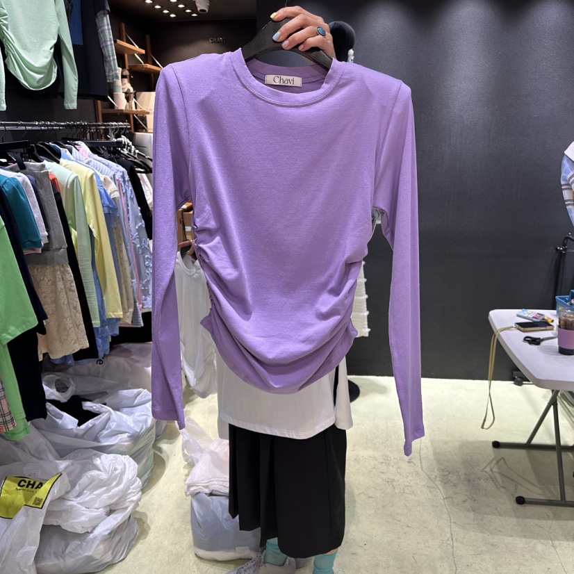 CHAVI韓國直郵女裝新品休閑26春夏人氣推薦熱賣長袖T恤褶皺CHAVI長袖T恤圖色3