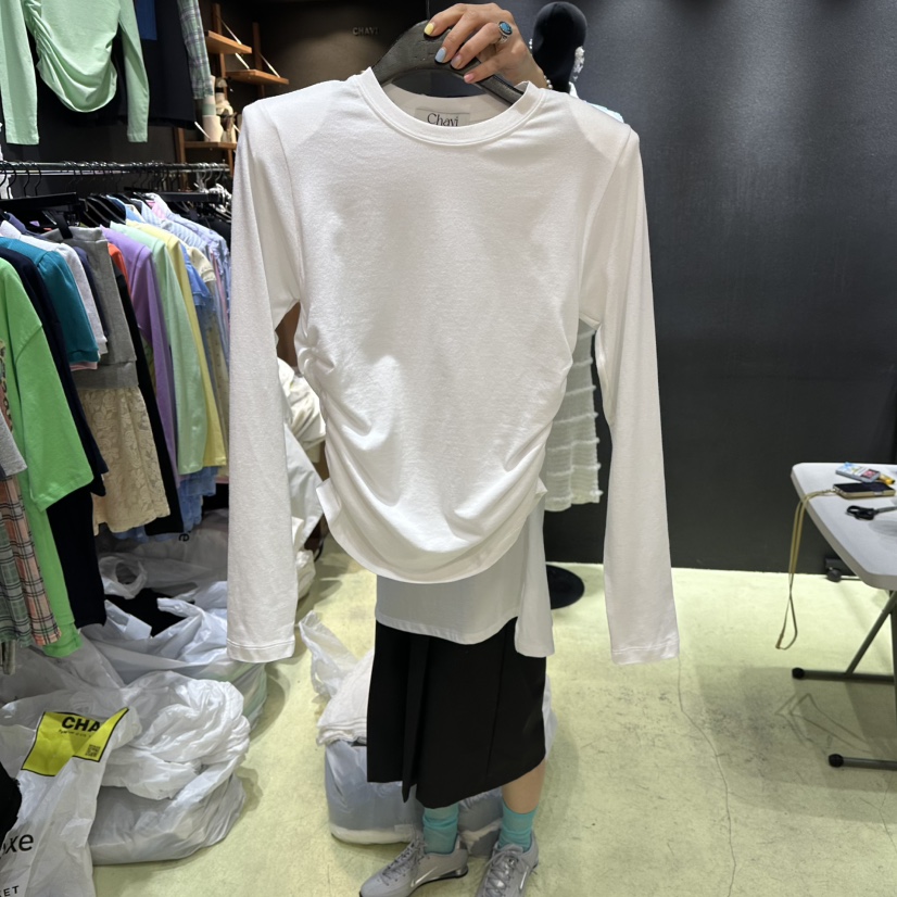 CHAVI韓國直郵女裝新品休閑26春夏人氣推薦熱賣長袖T恤褶皺CHAVI長袖T恤圖色4