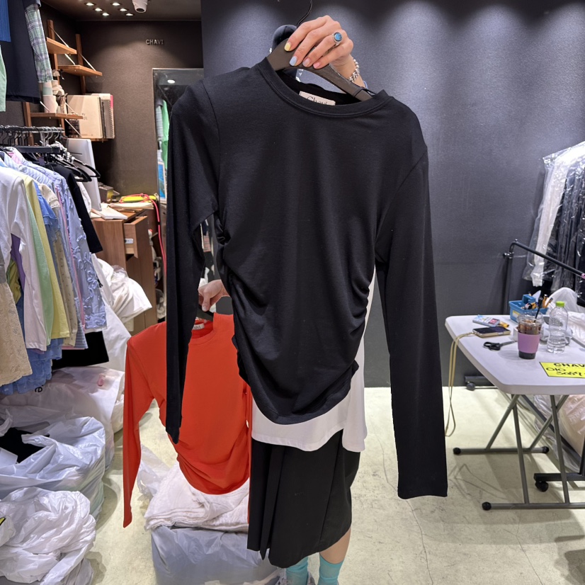CHAVI韓國直郵女裝新品休閑26春夏人氣推薦熱賣長袖T恤褶皺CHAVI長袖T恤圖色6