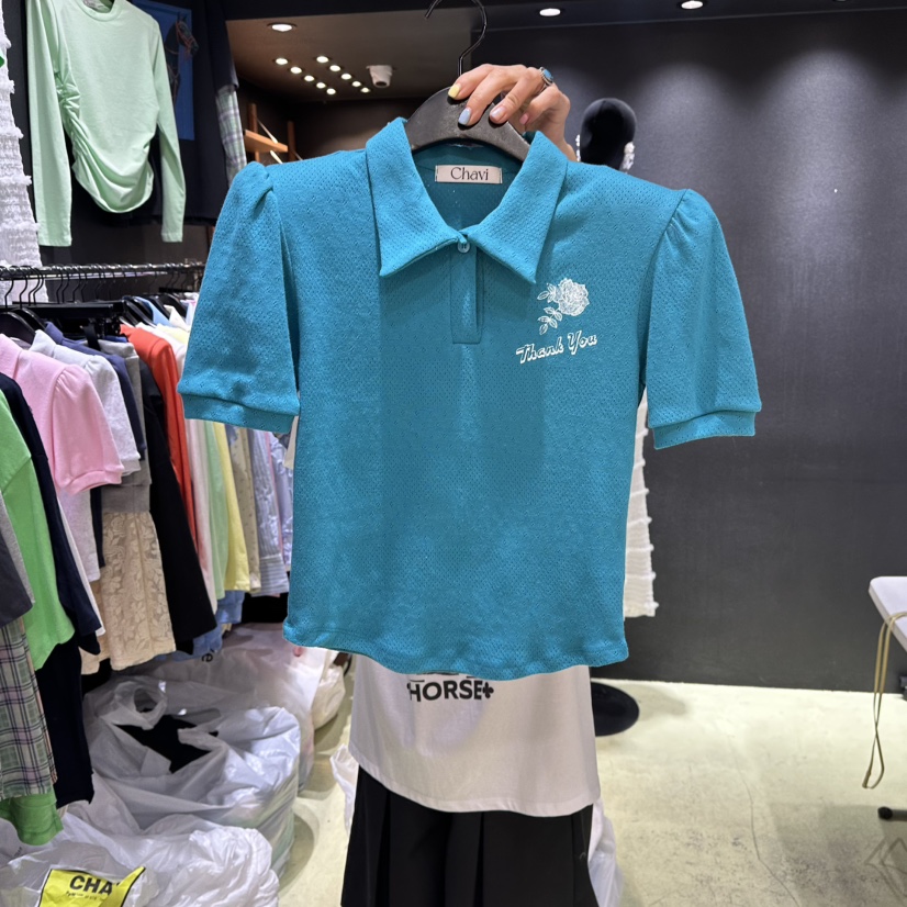 CHAVI韓國代購女士新品真品職業人氣時尚26春夏休閑T恤鏤空CHAVIT恤圖色2