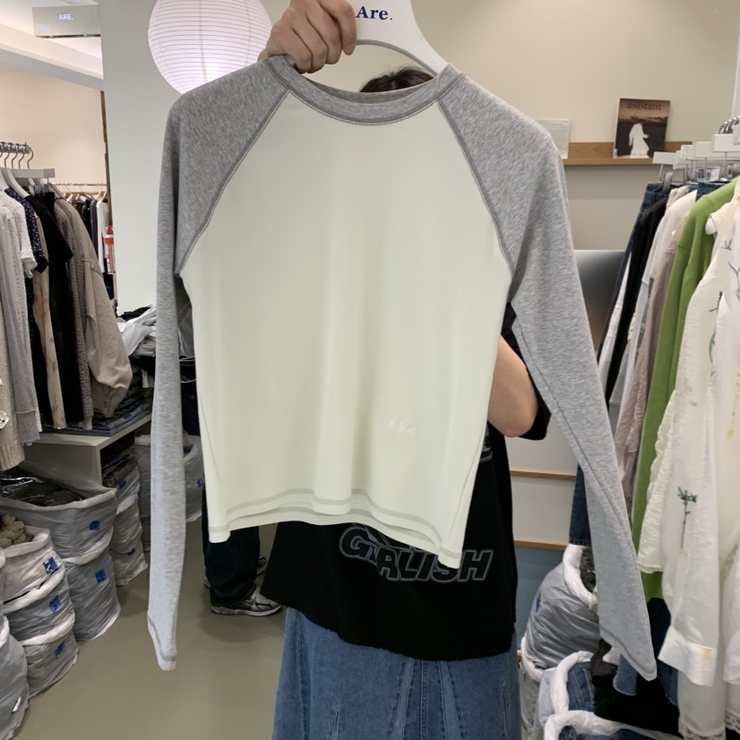 ARE東大門實拍女士新款人氣熱賣26春夏休閑長袖T恤插肩袖ARE YOU/ARE長袖T恤圖色1