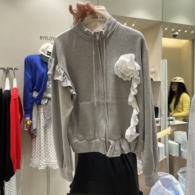 BY FLOW東大門代購女裝新品推薦熱賣時尚休閑衛衣拉鏈蕾絲BY FLOW衛衣圖色1