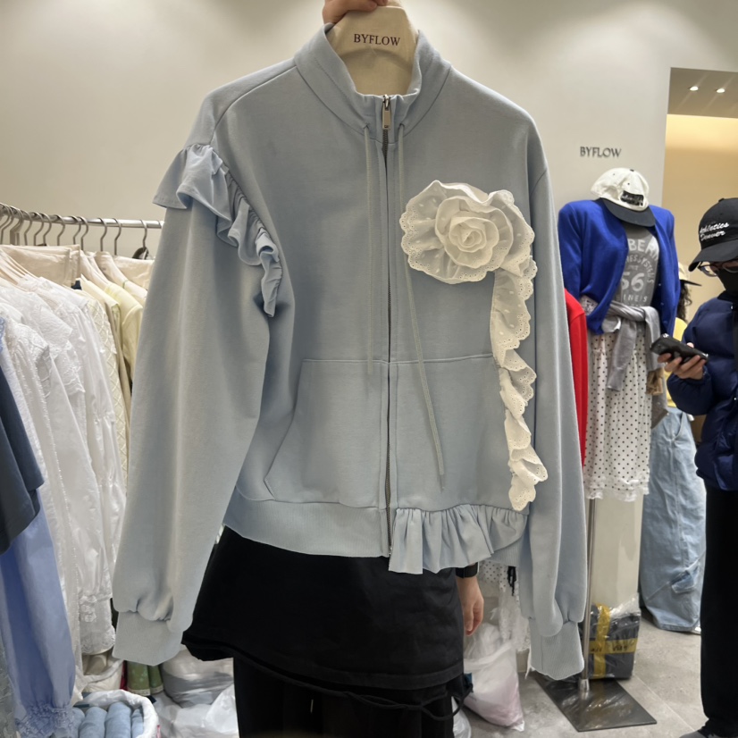 BY FLOW東大門代購女裝新品推薦熱賣時尚休閑衛衣拉鏈蕾絲BY FLOW衛衣圖色2