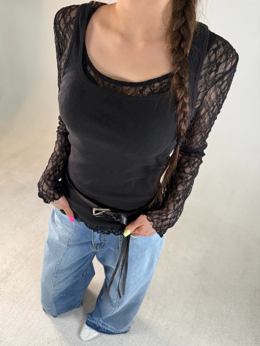 SHIRRING韓國代購女士新款職業休閑時尚真品推薦長袖T恤蕾絲SHIRRING長袖T恤