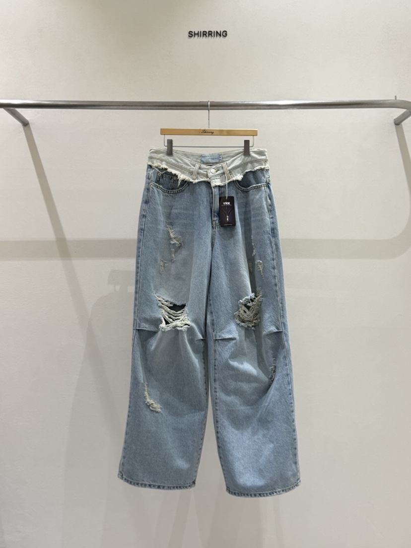 SHIRRING東大門直郵女裝新款人氣熱賣時尚休閑牛仔褲腰帶SHIRRING牛仔褲圖色1