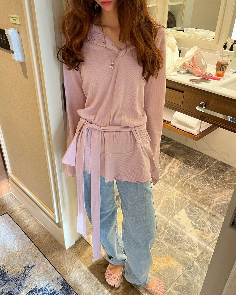 LOVE PULL韓國直郵女裝新款職業26春夏真品長袖T恤含腰帶LOVE PULL長袖T恤