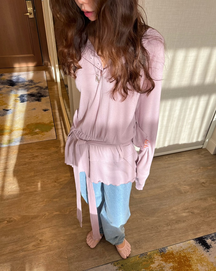 LOVE PULL韓國直郵女裝新款職業26春夏真品長袖T恤含腰帶LOVE PULL長袖T恤