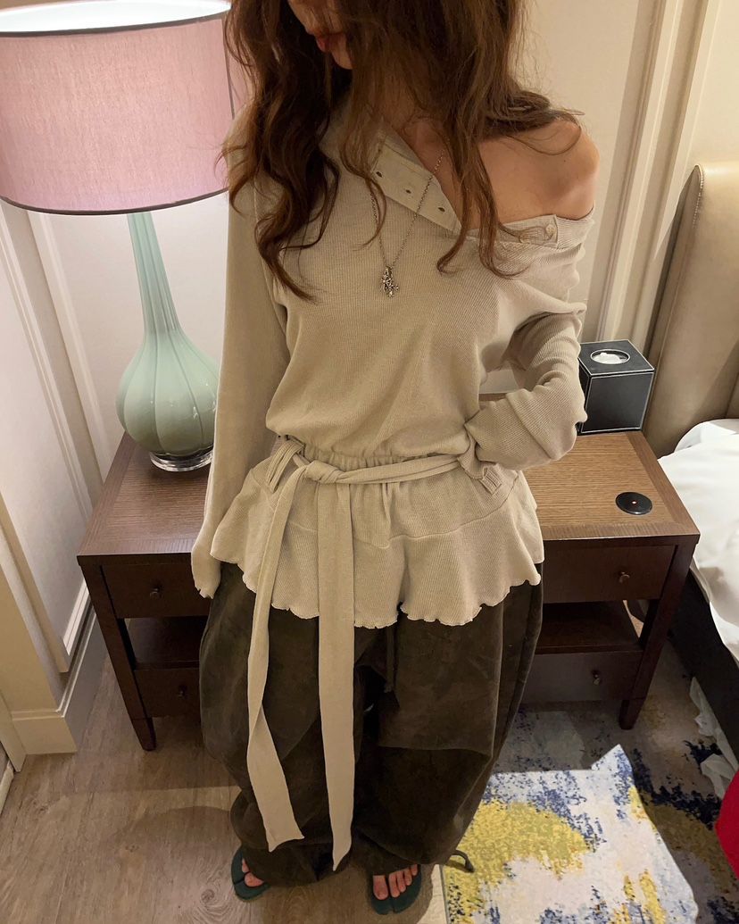 LOVE PULL韓國直郵女裝新款職業26春夏真品長袖T恤含腰帶LOVE PULL長袖T恤