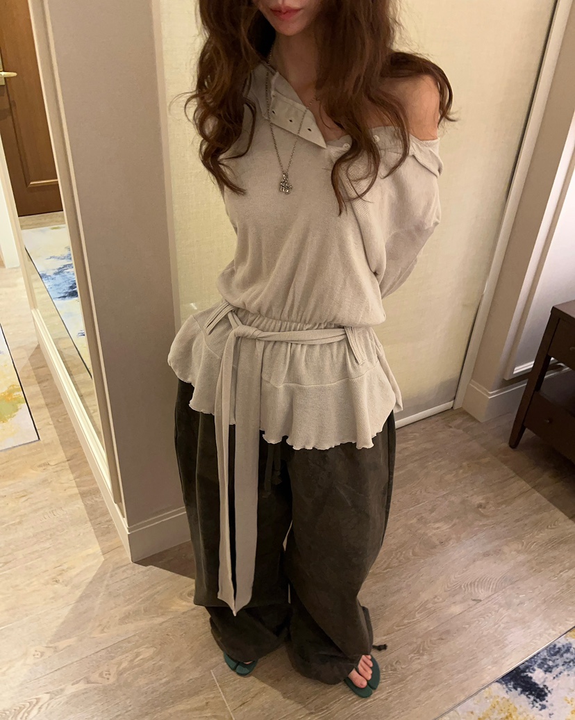 LOVE PULL韓國直郵女裝新款職業26春夏真品長袖T恤含腰帶LOVE PULL長袖T恤