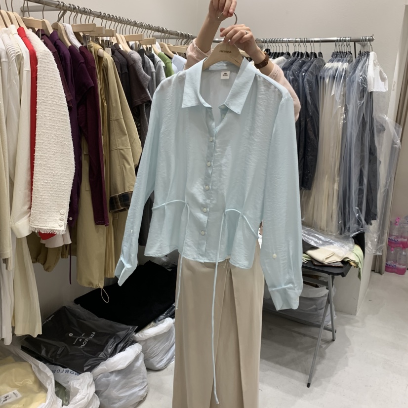FRE韓國東大門代購女士新品人氣職業26春夏襯衫蕾絲衫含腰繩FRE襯衫/蕾絲衫圖色1