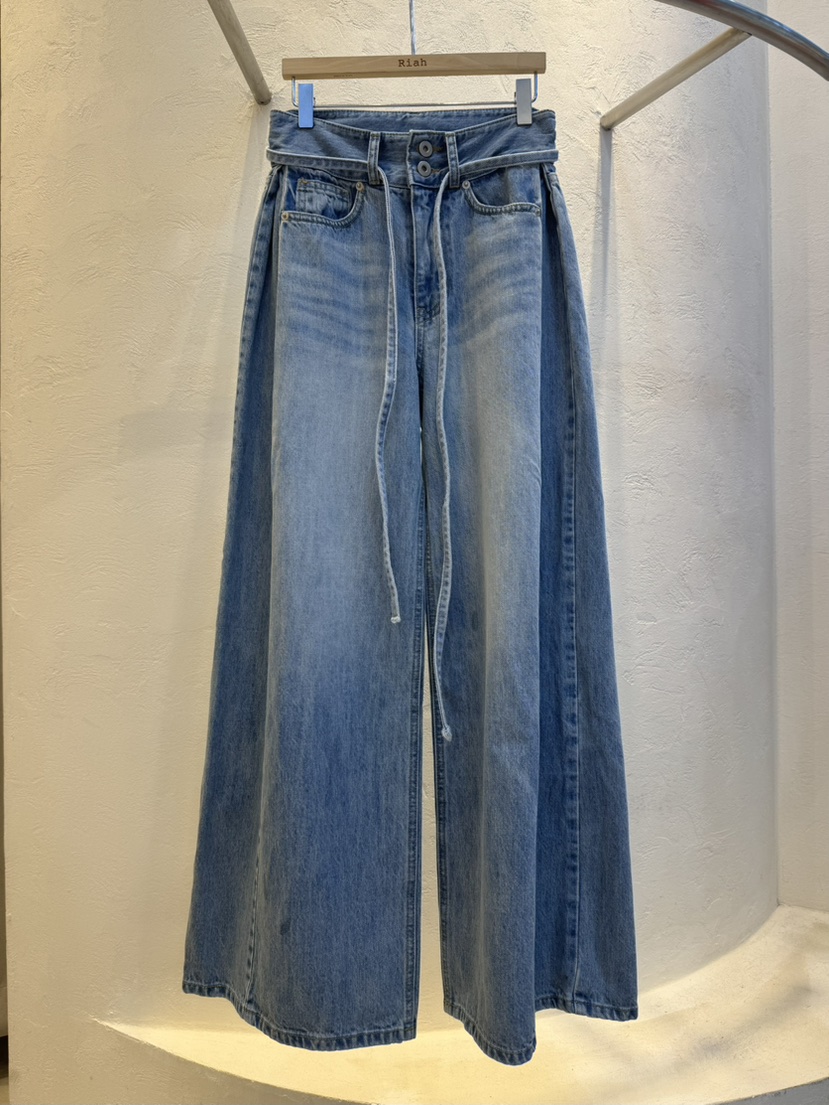 RIAH韓國代購女裝新款時尚推薦熱賣26春夏牛仔褲含腰繩褶裥RIAH牛仔褲圖色1