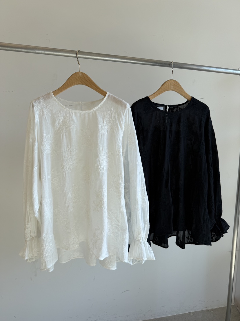 LAUNDRY韓國東大門直郵女士新品熱賣襯衫蕾絲衫泡泡袖刺繡亞麻LAUNDRY襯衫/蕾絲衫