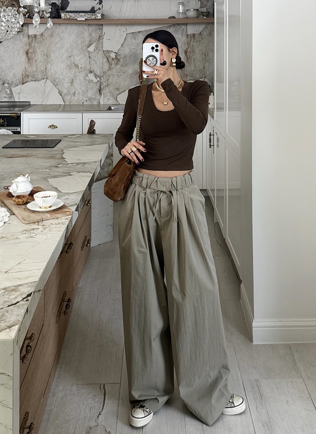 OVER NEAR東大門代購女士新品推薦職業休閑褲荷葉邊紐扣OVER NEAR休閑褲