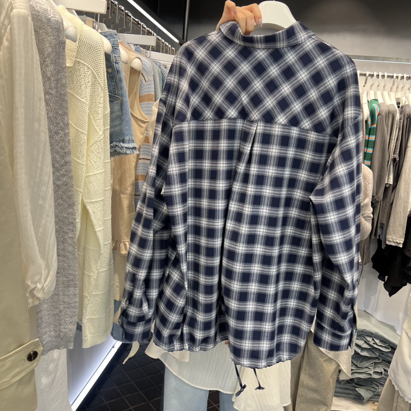 OUS/INCH-L東大門實拍女士新品職業襯衫蕾絲衫不對稱口袋格子OUS/INCH襯衫/蕾絲衫