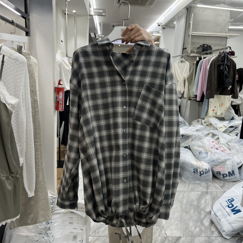 OUS/INCH-L東大門實拍女士新品職業襯衫蕾絲衫不對稱口袋格子OUS/INCH襯衫/蕾絲衫圖色2