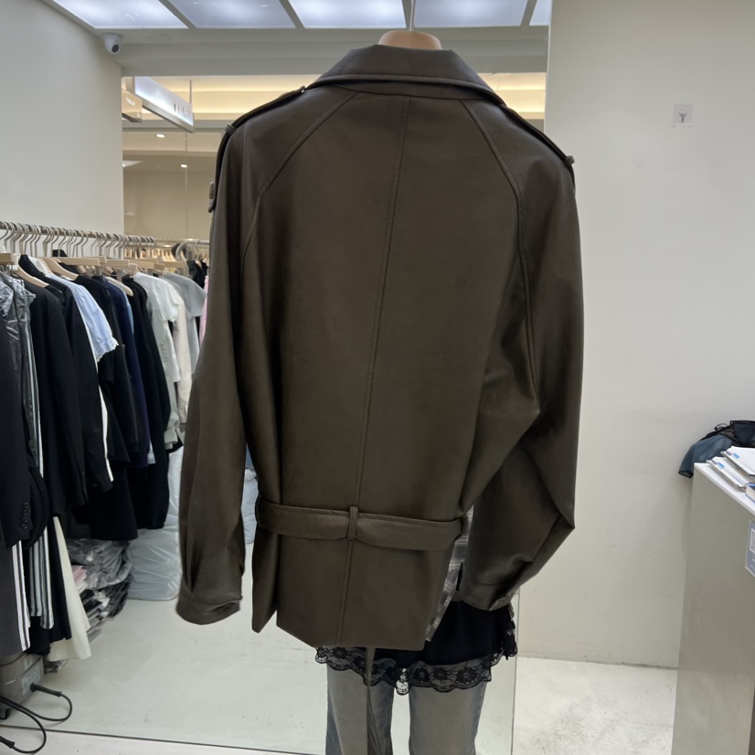 FLAUNT韓國直郵女裝新品熱賣職業夾克含腰帶皮革高領雙層FLAUNT夾克