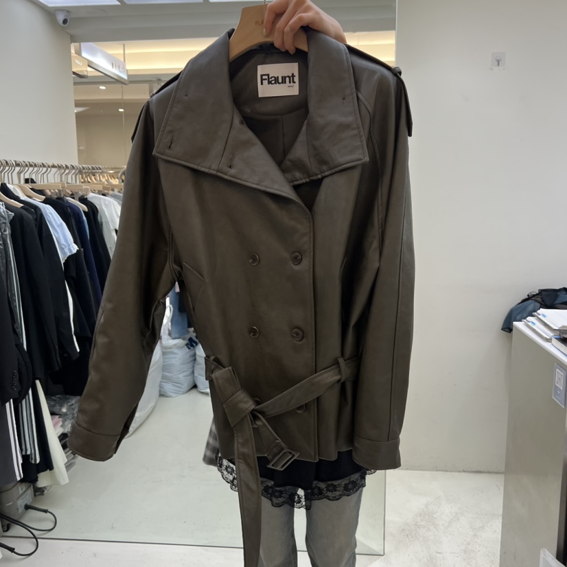 FLAUNT韓國直郵女裝新品熱賣職業夾克含腰帶皮革高領雙層FLAUNT夾克圖色1