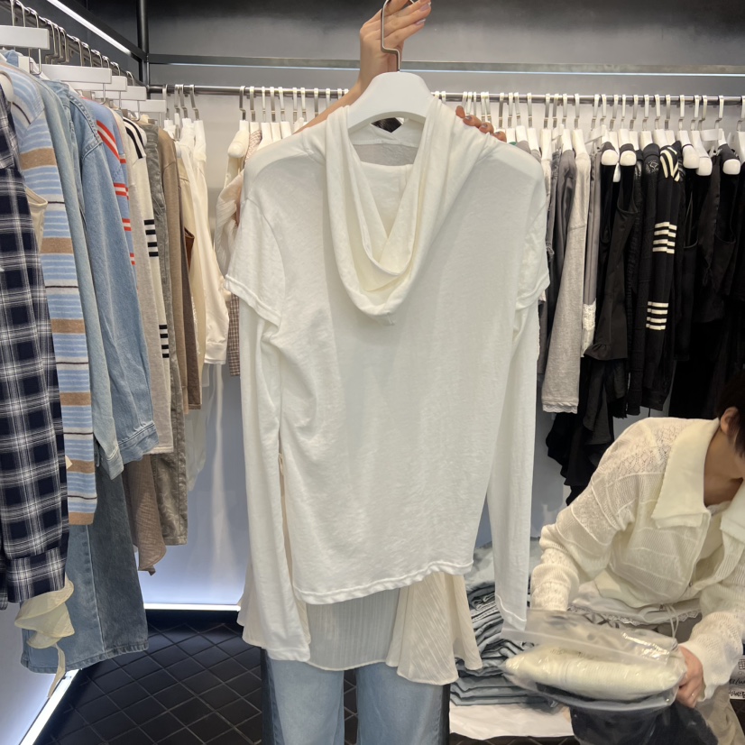 OUS/INCH-L韓國代購女士新款真品長袖T恤假兩件連帽衫雙層OUS/INCH長袖T恤