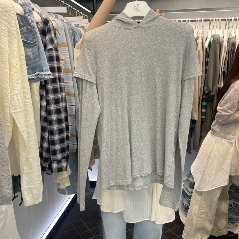 OUS/INCH-L韓國代購女士新款真品長袖T恤假兩件連帽衫雙層OUS/INCH長袖T恤圖色1