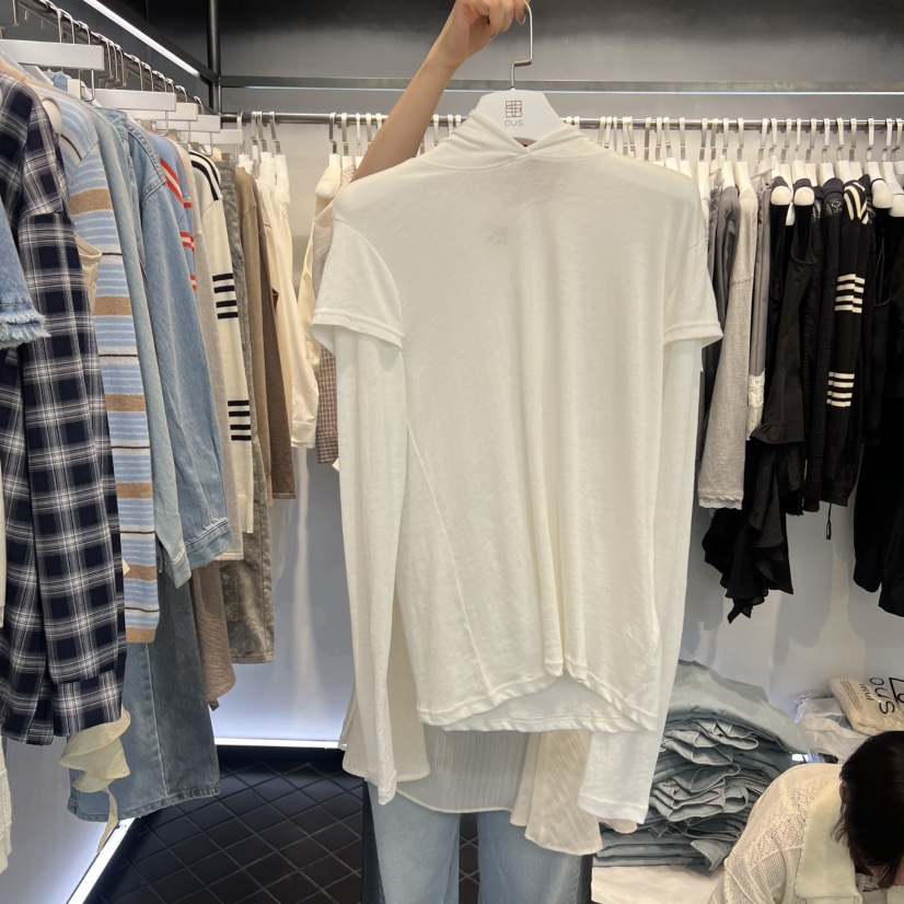 OUS/INCH-L韓國代購女士新款真品長袖T恤假兩件連帽衫雙層OUS/INCH長袖T恤圖色3