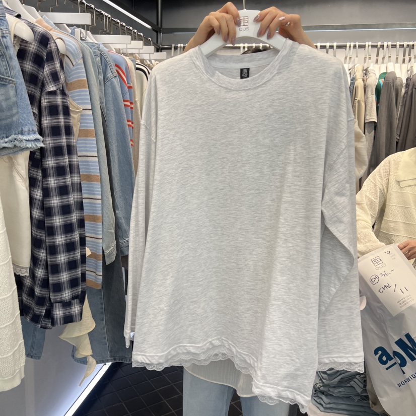 OUS/INCH-L東大門代購女裝新款推薦時尚真品長袖T恤蕾絲OUS/INCH長袖T恤圖色1