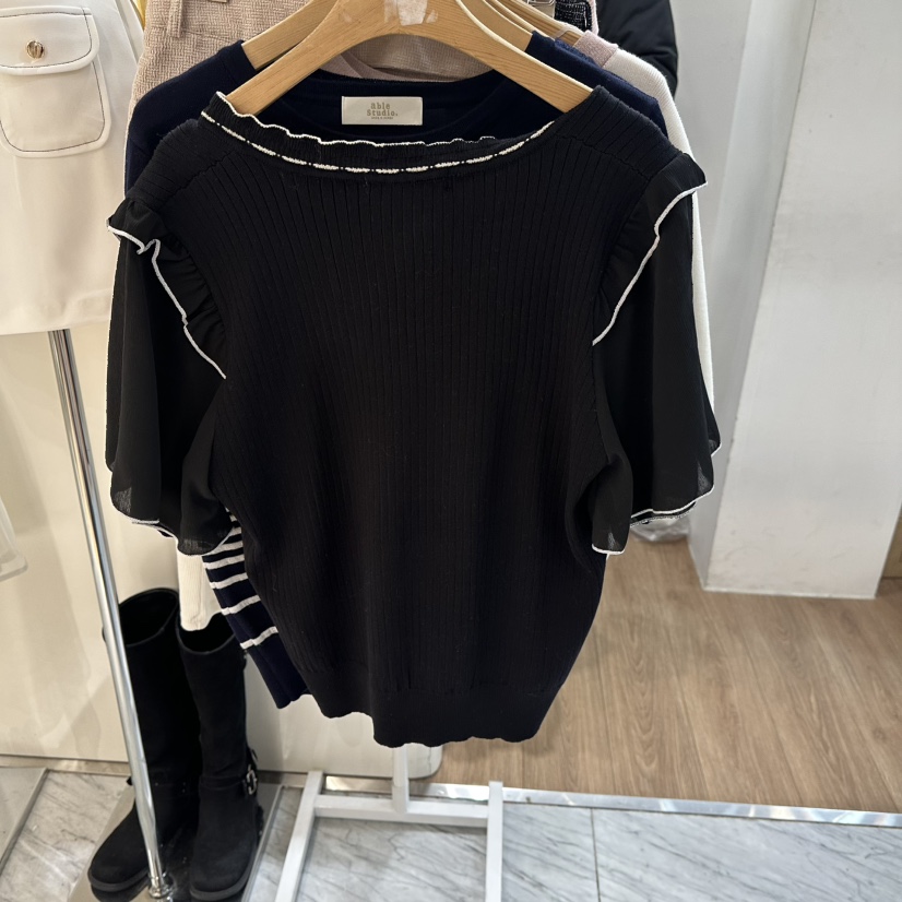 ABLESTUDIO韓國代購女士新品休閑26春夏針織衫荷葉邊雪紡ABLESTUDIO針織衫