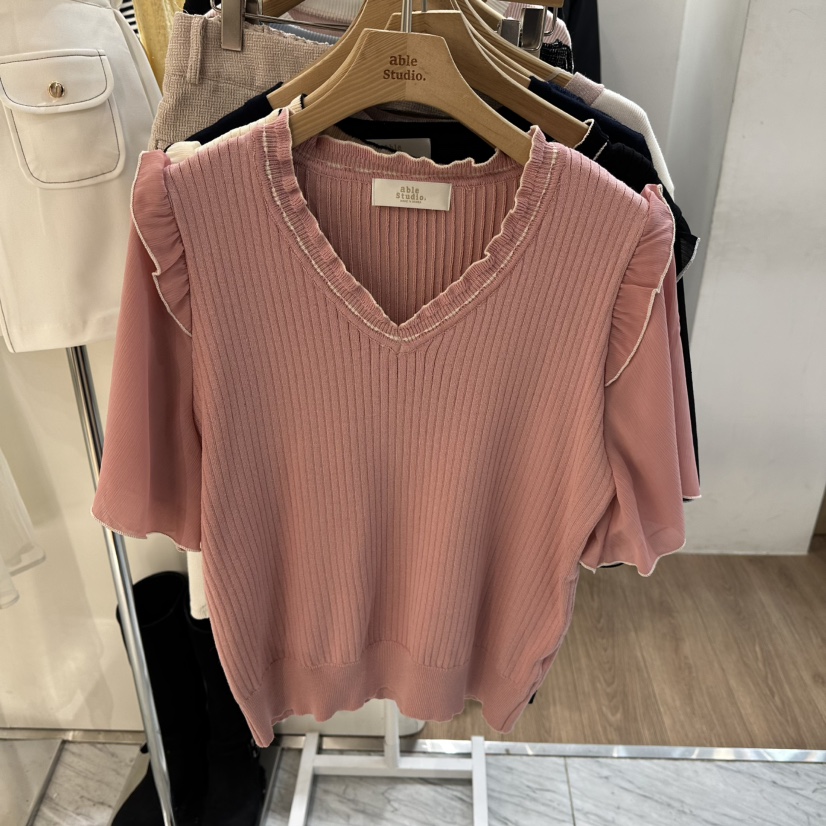 ABLESTUDIO韓國代購女士新品休閑26春夏針織衫荷葉邊雪紡ABLESTUDIO針織衫圖色1
