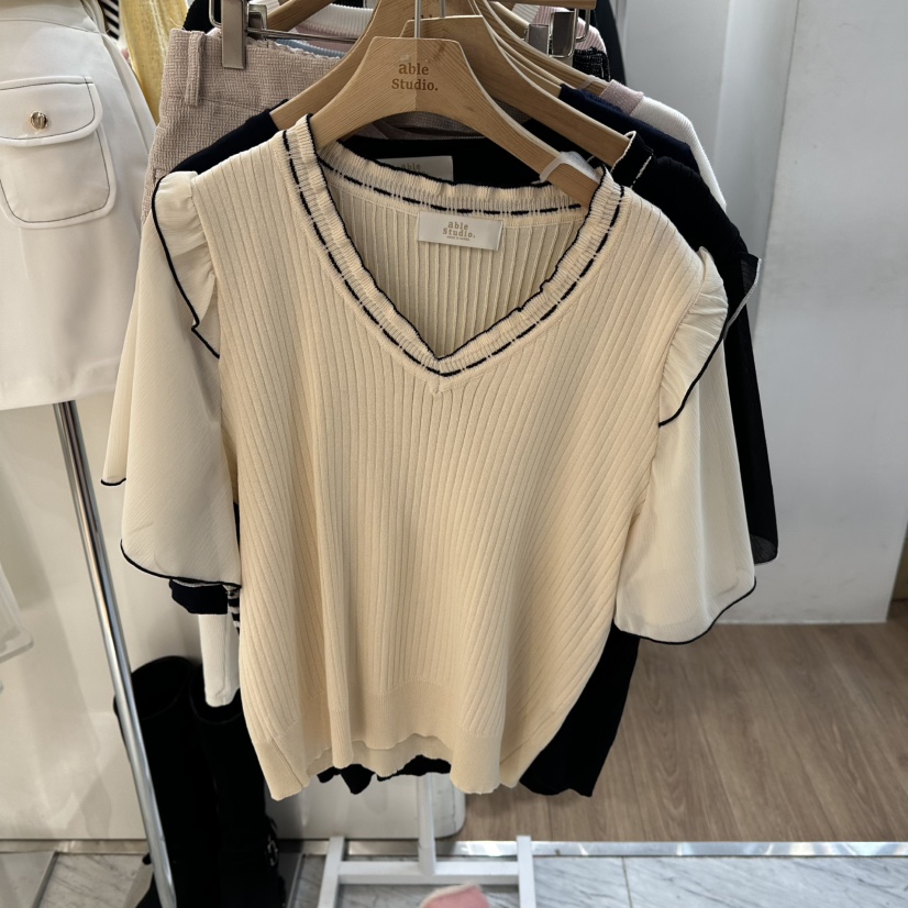 ABLESTUDIO韓國代購女士新品休閑26春夏針織衫荷葉邊雪紡ABLESTUDIO針織衫圖色2