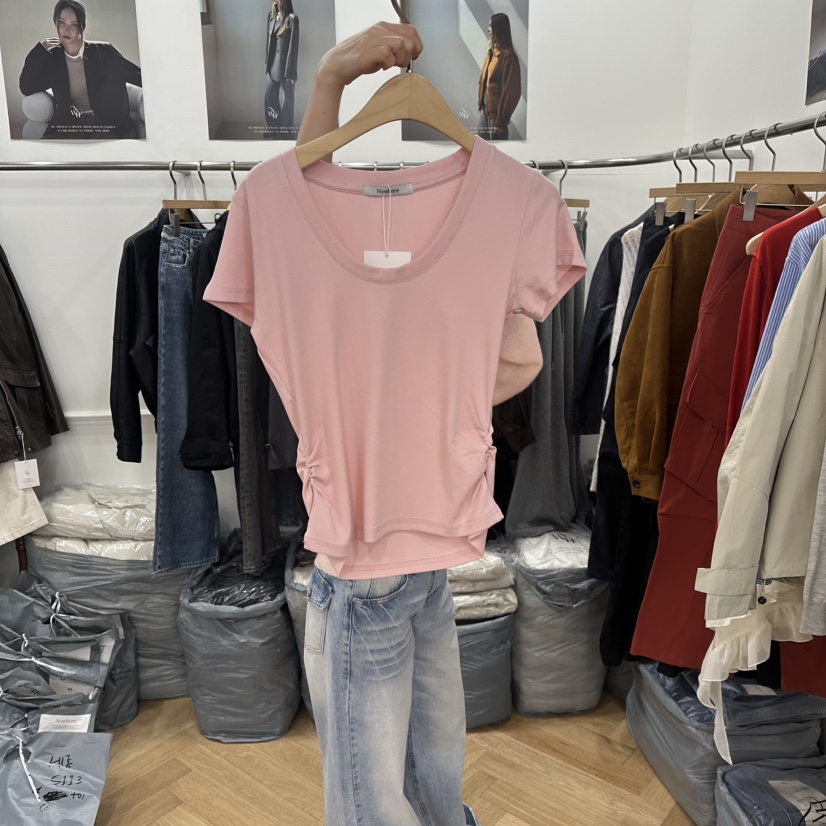 NOWHERE韓國代購女裝新款休閑職業真品人氣推薦T恤短款褶皺NOWHERET恤圖色3