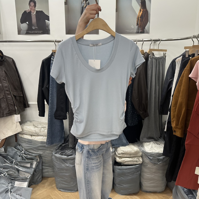 NOWHERE韓國代購女裝新款休閑職業真品人氣推薦T恤短款褶皺NOWHERET恤圖色4