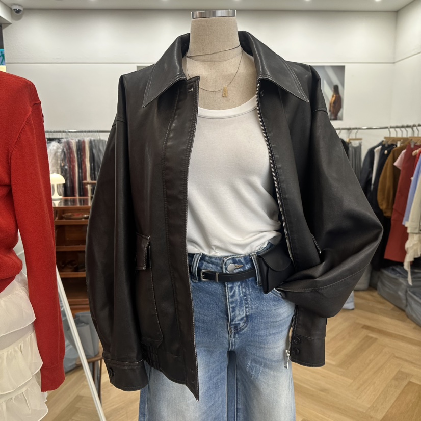 NOWHERE東大門代購女士新款時尚熱賣26春夏職業夾克水洗皮革NOWHERE夾克圖色2黑色