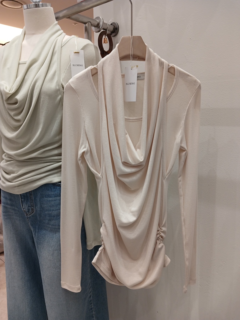 X韓國直郵女士新款推薦人氣休閑熱賣職業長袖T恤假兩件褶皺BLOWING長袖T恤圖色2