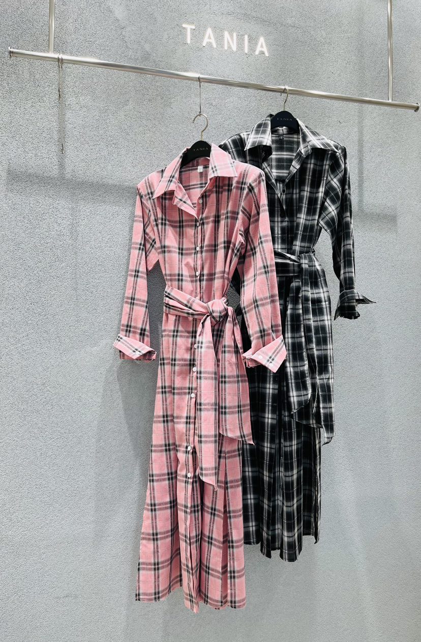 TANIA韓國代購女士新品時尚職業26春夏連衣裙含腰帶格紋長款TANIA連衣裙