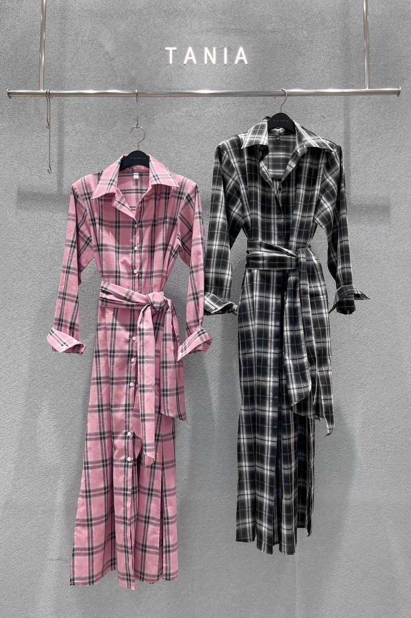 TANIA韓國代購女士新品時尚職業26春夏連衣裙含腰帶格紋長款TANIA連衣裙