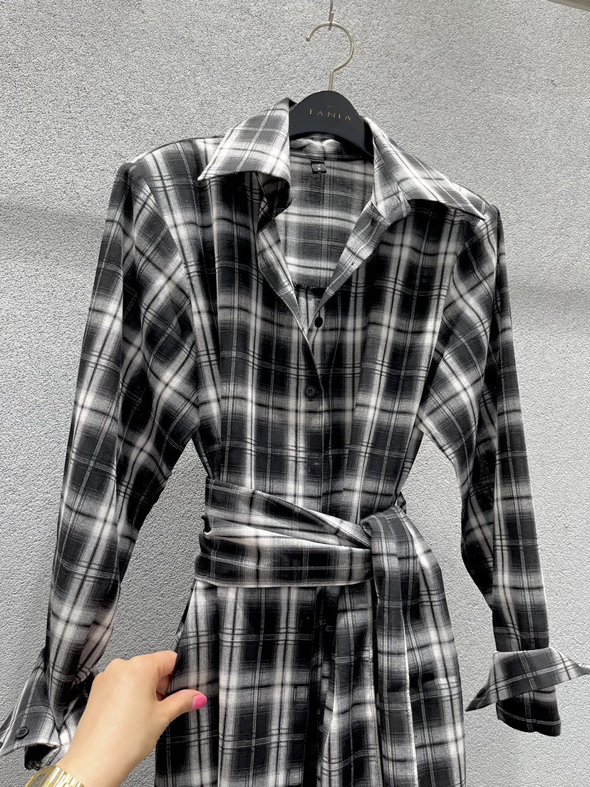 TANIA韓國代購女士新品時尚職業26春夏連衣裙含腰帶格紋長款TANIA連衣裙