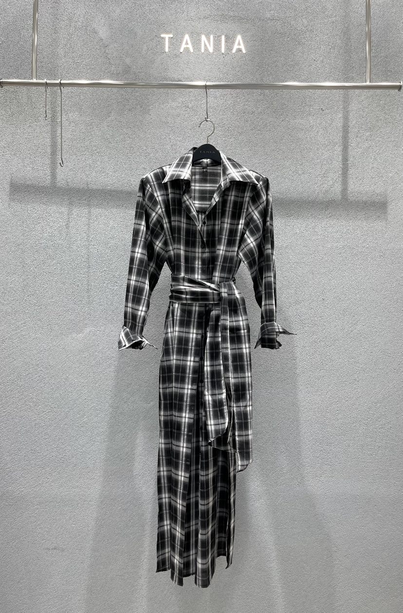 TANIA韓國代購女士新品時尚職業26春夏連衣裙含腰帶格紋長款TANIA連衣裙