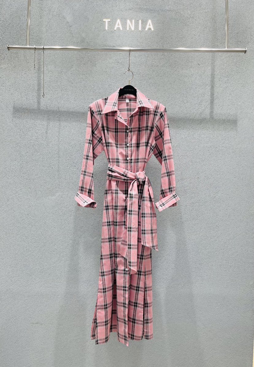 TANIA韓國代購女士新品時尚職業26春夏連衣裙含腰帶格紋長款TANIA連衣裙圖色1