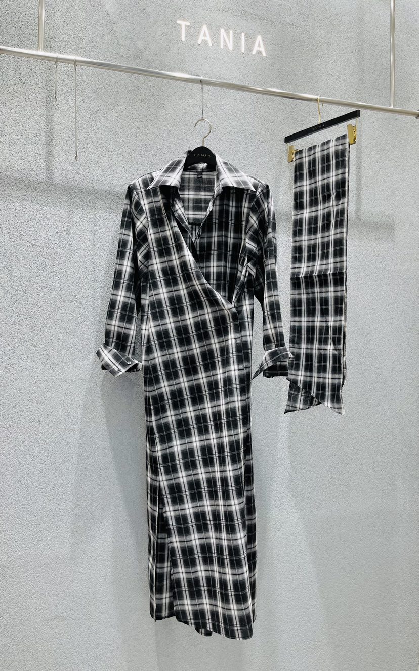 TANIA韓國代購女士新品時尚職業26春夏連衣裙含腰帶格紋長款TANIA連衣裙圖色2