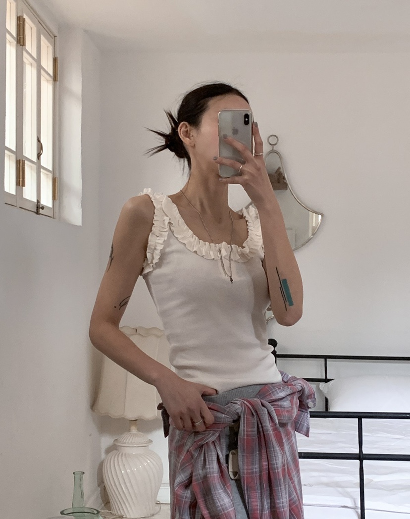 OURWAVE/OUR ROOM韓國直郵女士新款休閑吊帶背心荷葉邊紐扣Our Wave/Our Room吊帶/背心