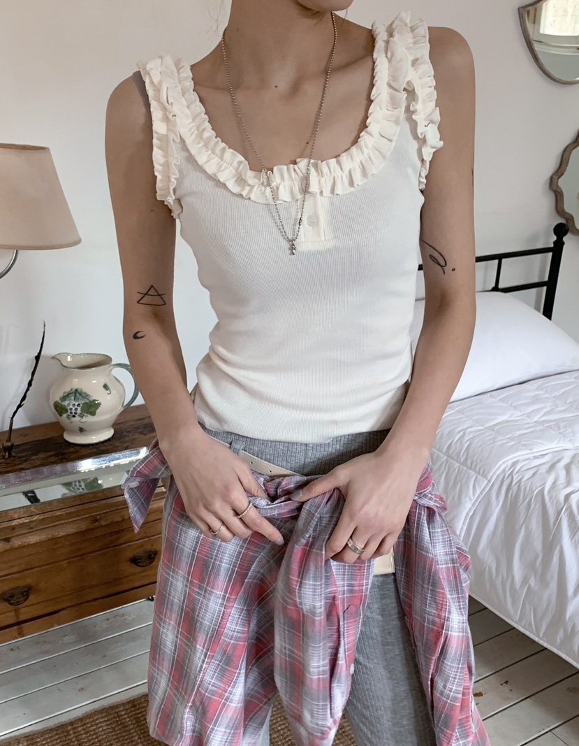 OURWAVE/OUR ROOM韓國直郵女士新款休閑吊帶背心荷葉邊紐扣Our Wave/Our Room吊帶/背心